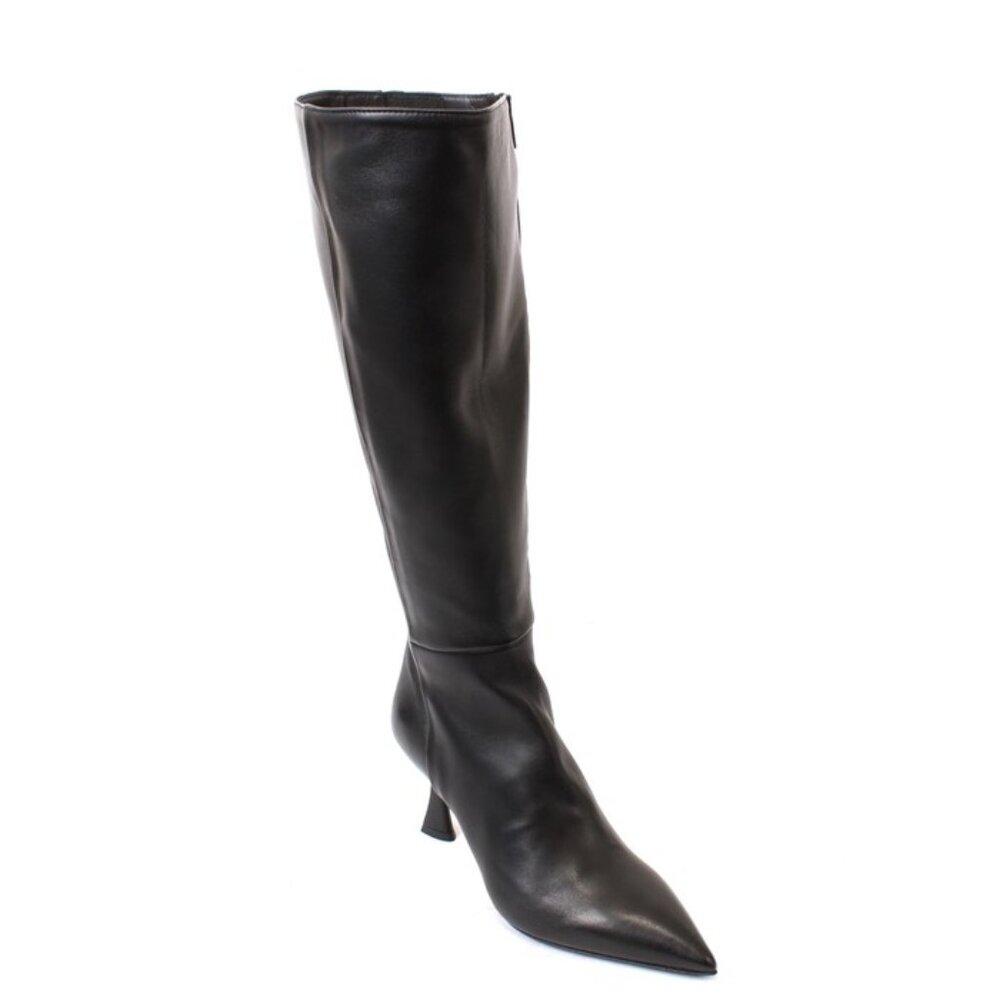 Isabelle 413a Black Leather Zip Pointy Knee High Heel Boot